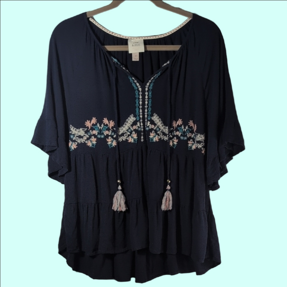 Knox Rose Dark Blue Boho Embroidered Blouse